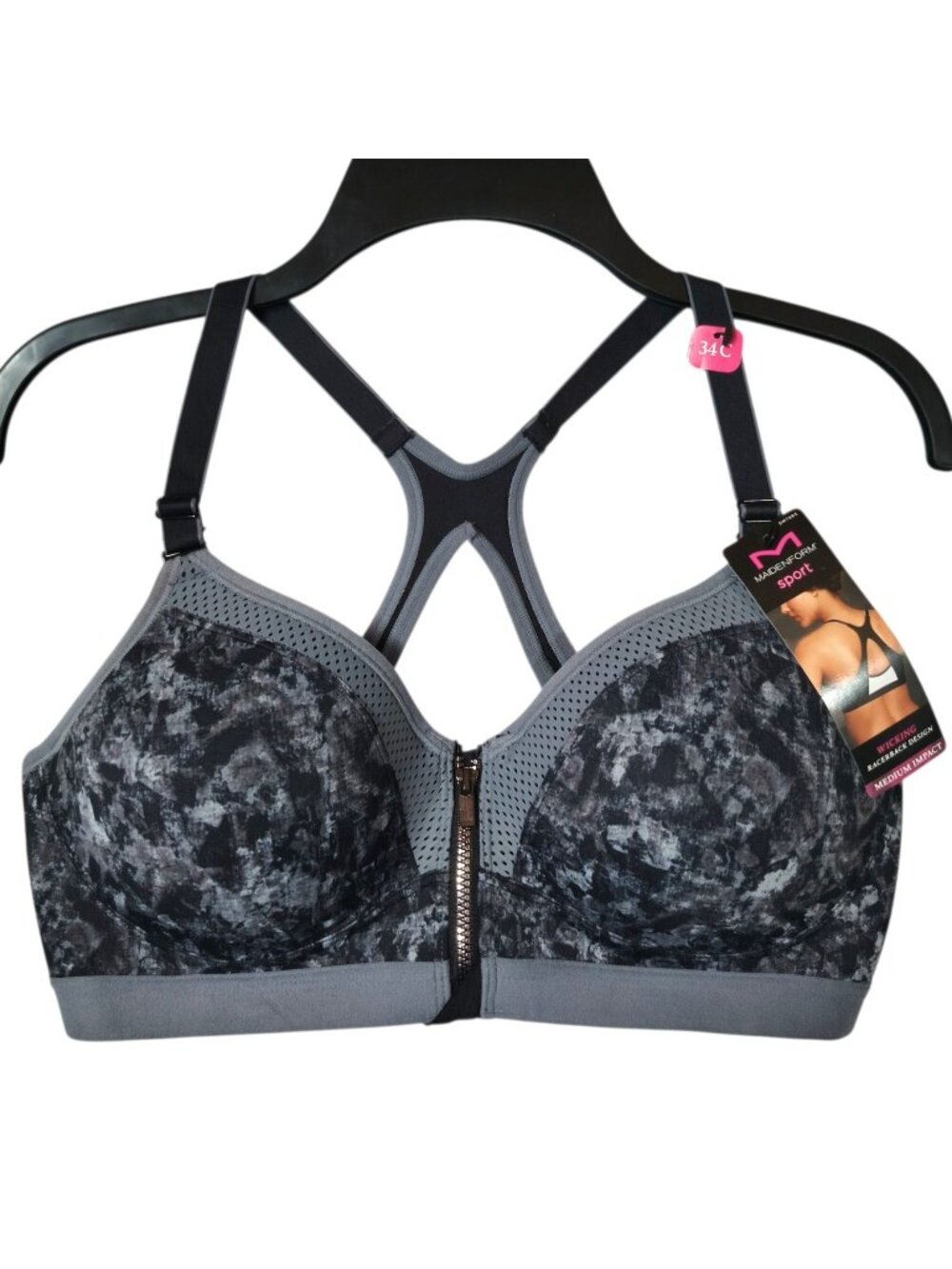 New Maidenform 34C Sport Bra Zip Front Underwire Medium-Impact Gray Black NWT